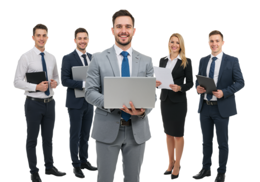 Confident Business Team Holding laptop on Transparent Background, PNG format