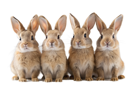 Four Adorable Baby Bunnies Sitting Together on Transparent Background