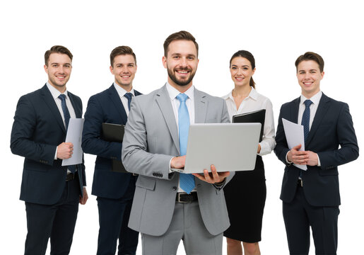 Confident Business Team Holding laptop on Transparent Background, PNG format