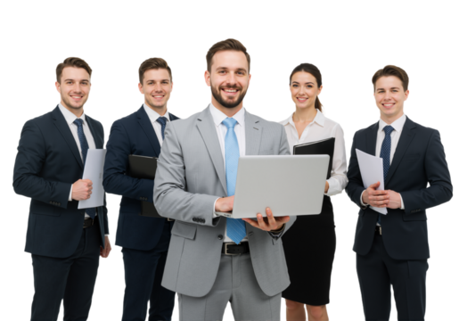 Confident Business Team Holding laptop on Transparent Background, PNG format