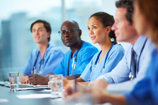 Medical Professionals Meet: Doctors Conferring. Team discusses patient care, policy, or research. Modern, bright setting. Suitable for health, business, or editorial use.