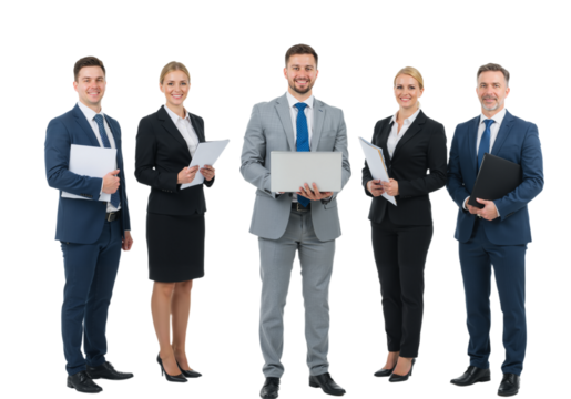 Confident Business Team Holding laptop on Transparent Background, PNG format