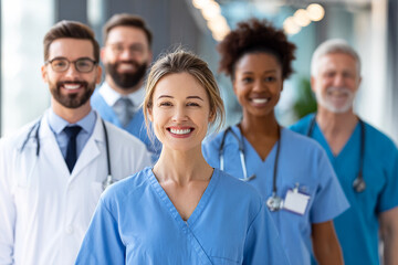 Confident medical team stands ready. Doctors and nurses smile in a modern hospital. Healthcare, teamwork, professionals, medicine. For advertising, website, print.