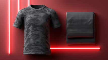 Modern black sport t shirt and apparel uniform mockup on red light background for advertising and product presentation