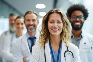Confident Medical Team Smiles, Stands Together. Shows teamwork, collaboration, healthcare. For marketing, web, and editorial use.