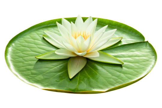 Beautiful white water lily flower on a large green lily pad isolated with transparent background