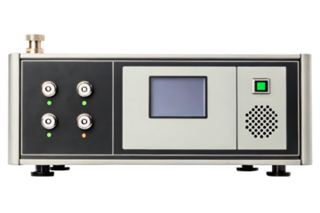 The front panel of an electronic laboratory device with a screen isolated with transparent background