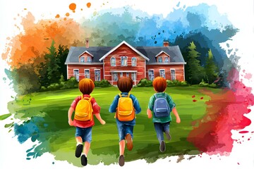 Energetic group of children walking with purpose toward the school entrance, symbolizing a joyful start to a new term.