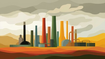 Colorful industrial landscape illustration featuring various factory structures with smokestacks, representing modern manufacturing and environmental impact.