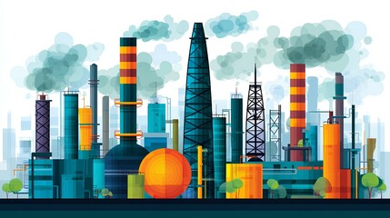 Colorful industrial landscape illustration featuring various factories, smokestacks, and machinery, showcasing modern manufacturing and energy production in a vibrant urban setting