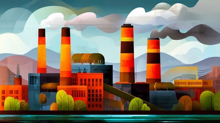Bright and bold depiction of an industrial site with various structures and smoke clouds, representing production and its environmental footprint.