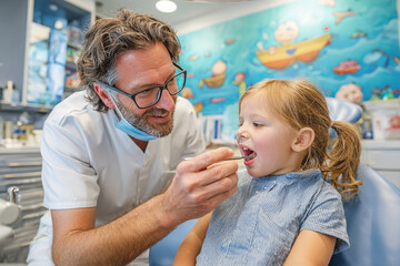 Dentist examines child patient in clinic. Doctor provides care for little girl. Pediatric dentistry, dental health, care, hygiene concept.