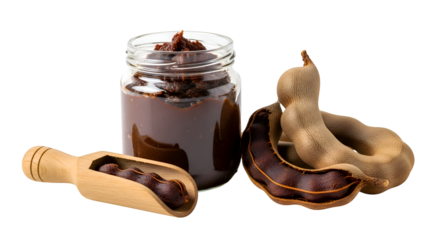 Tamarind paste fills jar, scoop presents fruit, isolated on black background, still life