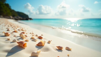 A serene scene of seashells placed on soft sandy beach, with the sun glinting off the surfaces