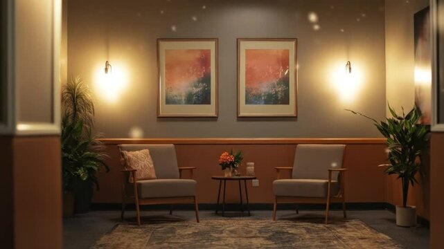 Inviting waiting room setup with modern chairs and abstract art, perfect for client meetings