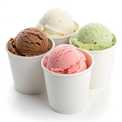 Different flavors of scoops in cups, including chocolate and pistachio, for a cool and refreshing treat.