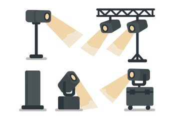 Different types of stage lighting equipment used for events and performances in various settings