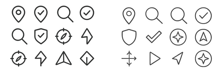 Collection of various simple icons representing navigation, location, and user interface design