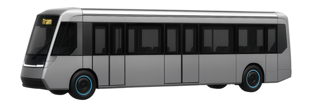 Low-floor tram with a modern, angular front fascia and digital display panel