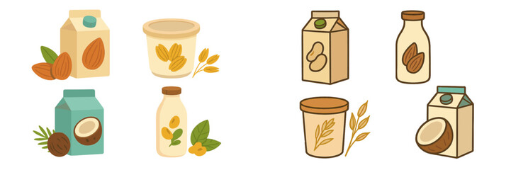 Different types of plant-based milk and their packaging featured in a colorful display