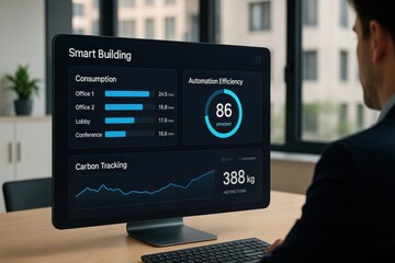 Smart Building Management Dashboard Showing Office Energy Consumption, Automation Efficiency, and Real-Time Carbon Emissions Tracking
