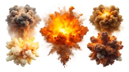 Dynamic Collection of Explosions and Smoke Plumes on Transparent Background