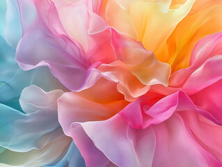 Vibrant abstract image featuring colorful, flowing fabric like textures in shades of pink, orange, yellow, and blue, creating soft and dreamy effect