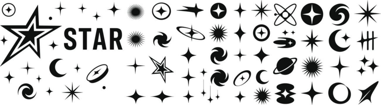 Collection of black star shapes featuring sparkles, bling accents, swirls, and geometric bursts &ndash; a modern set of decorative design elements perfect for badges, retro aesthetics, and cosmic themes.