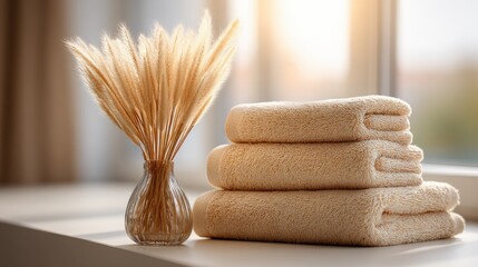 Stacked towels and dried flowers on a windowsill.