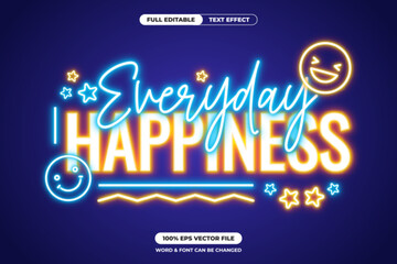 Editable neon text effect with "Everyday Happiness" phrase, glowing smiles & stars on dark background. Perfect for posters, banners & social media