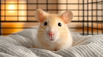 A charming golden hamster gazes forward from a comfy blanket with a soft inquisitive expression.