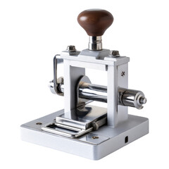 White manual press machine tool for craft die cutting. precise stamp and cutout equipment with wooden handle on background