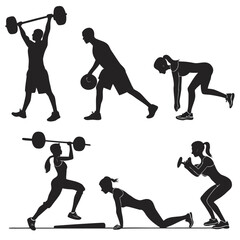 Diverse people in silhouette lift weights, dribble, and perform calisthenics in monochrome set against transparent background