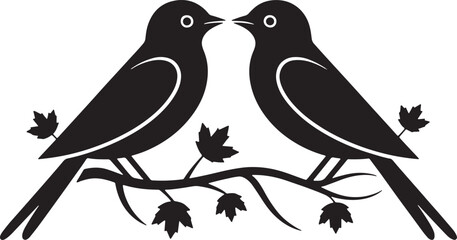 Silhouette of Two Love Birds Sitting on Tree Branch with Leaves Romantic Bird Design Art