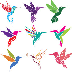 Set of Nine Colorful Stylized Hummingbird Vector Illustrations for Logos, and Icons