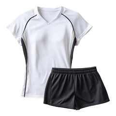 Women sport uniform of white shirt and black short. clean athletic clothing set ready for team fitness and apparel
