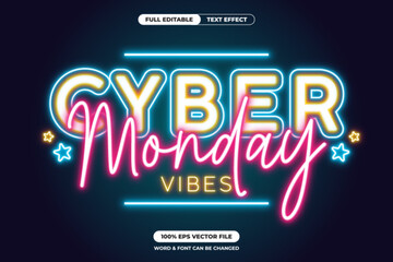 Vibrant neon sign “Cyber Monday Vibes” in blue, yellow, and pink glow with stars. Perfect for sales, ecommerce, and holiday promotions. Fully editable vector file