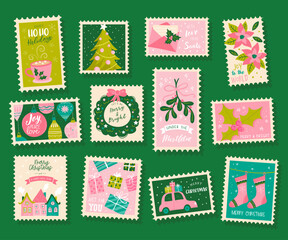 Cute hand drawn mail stamps for Christmas, typographic designs and lovely illustrations - vector design