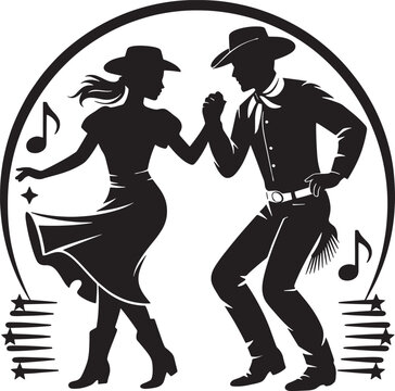 Two Western Dancers Silhouette Country Music Cowboy Cowgirl Black White
