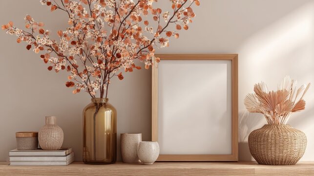 High quality photo of mock up frame close up in home interior background, Boho style, 3d render.
