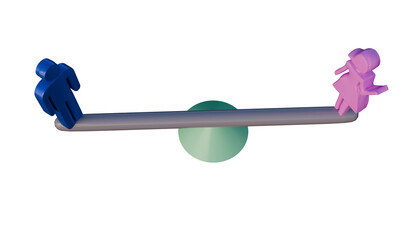 Seesaw with blue and pink figures symbolizing balance and teamwork. Perfect for educational materials, team building concepts, and gender equality designs.