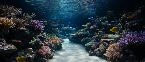 Fototapeta premium Vibrant coral reef scene with diverse fish, sunlight filtering through water, sandy path