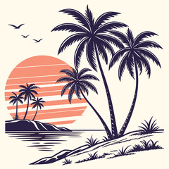 Palm trees stand near ocean against a sunset in this attractive monochrome scene