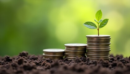 A small plant growing out of a stack of coins on top of a pile of soil