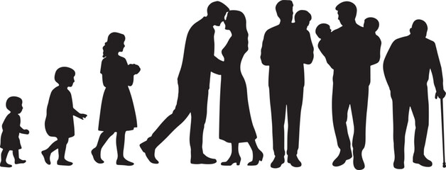 Black silhouette illustration of the human life cycle from child to old age family growth