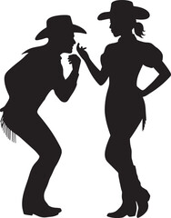 Black silhouette of a dancing cowboy and cowgirl couple wearing western hats and boots