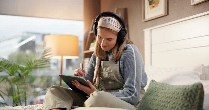 Woman, music and thinking with tablet, drawing and headphones for education or project. Bedroom, dance and Gen z student with tech, digital art and inspiration for graphic design or elearning podcast