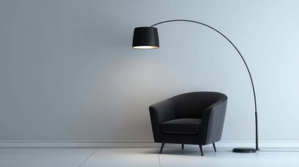 High quality photo of modern black armchair with arc floor lamp in minimalist setting.