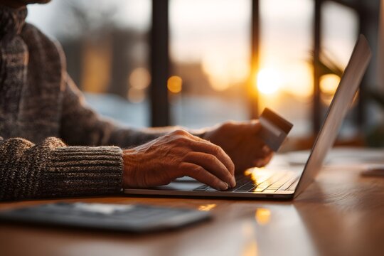 Senior man using laptop and credit card for online shopping at sunset