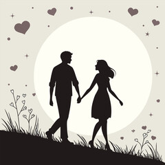 Silhouetted couple walking hand in hand amidst hearts, stars, and floral grass against a moon backdrop